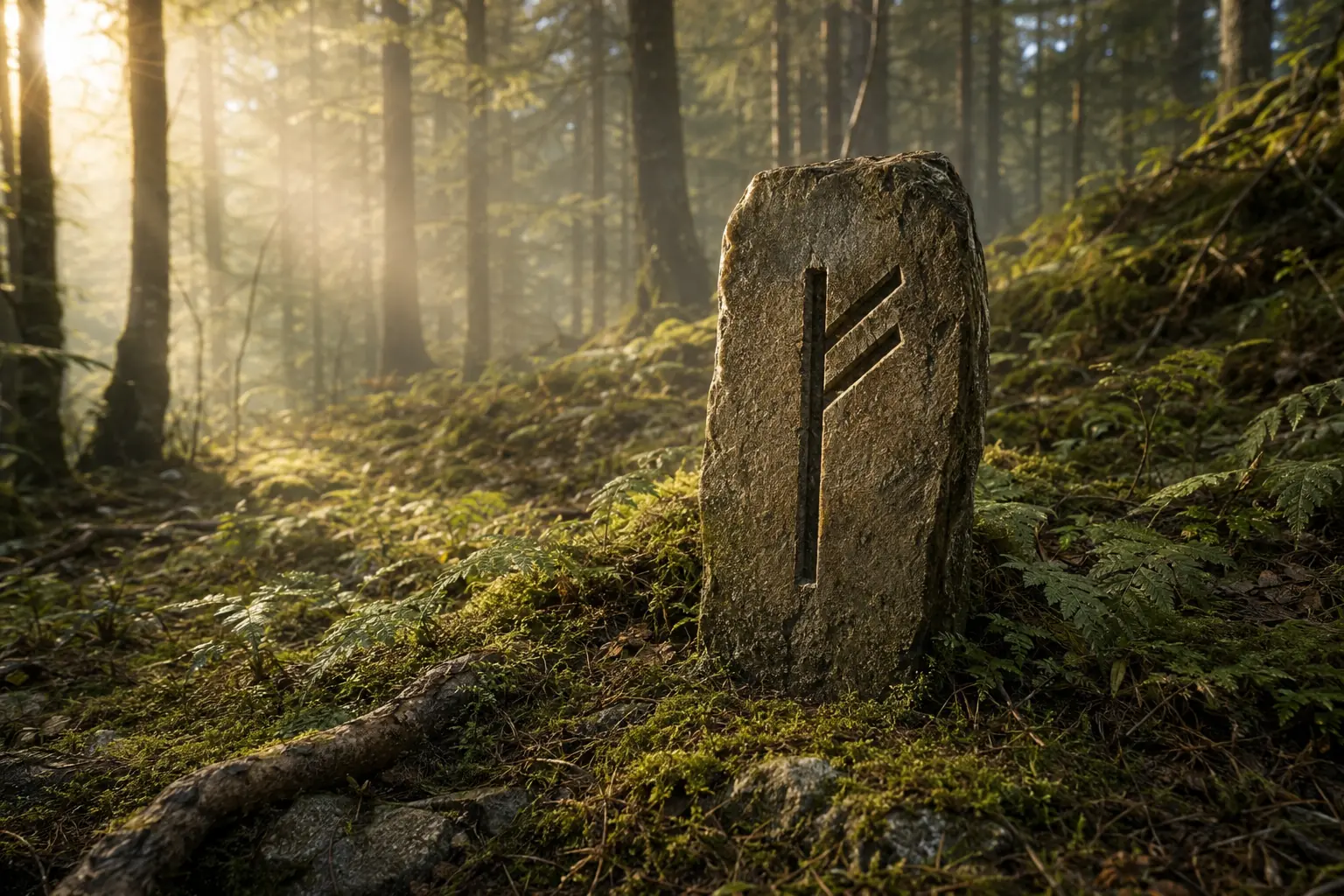 Kőbe vésett Fehu rúna természetes erdei környezetben